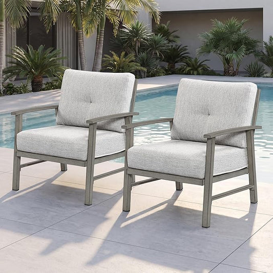 2 Pieces Outdoor Patio Chairs, Outdoor Aluminum Armchair Conversation Set with Thick Cushions, All Weather Patio Furniture Sofa Chairs Set for Garden, Poolside, Lawn, Limed Oak
