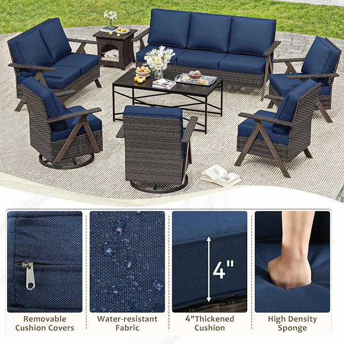 8 Pieces Patio Furniture Set,Outdoor Loveseat Sofa & High Back Swivel Rocker Patio Chairs, Wicker Conversation Set with Coffee Table and Side Table for Deck Yard and Poolside