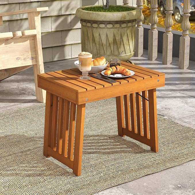 RELAX4LIFE Folding Outdoor Side Table - Acacia Wood Portable Patio End Table w/Slatted Tabletop, Outside Wooden Coffee Table for Backyard Balcony Porch Poolside Garden, Foldable Small Patio Table (2)