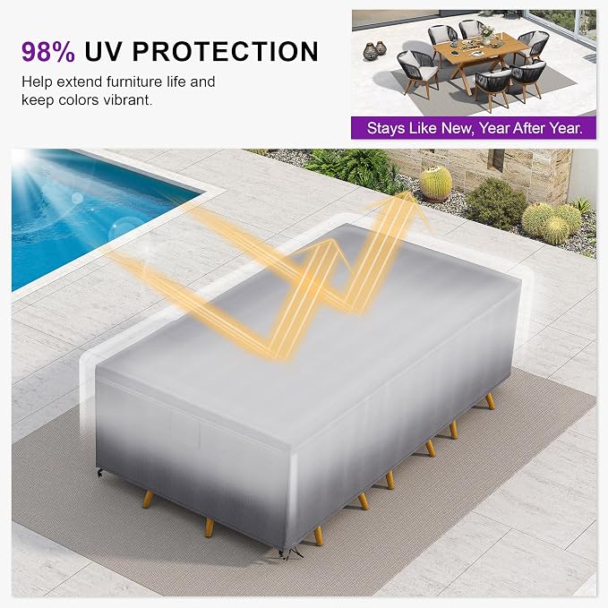 PURPLE LEAF 9 Pieces Patio Dining Set with Waterproof Furniture Cover Rectangular Table and Chairs Set for Garden Deck Aluminum Frame Backyard Kitchen Set, Cushions and Pillows Included Teak