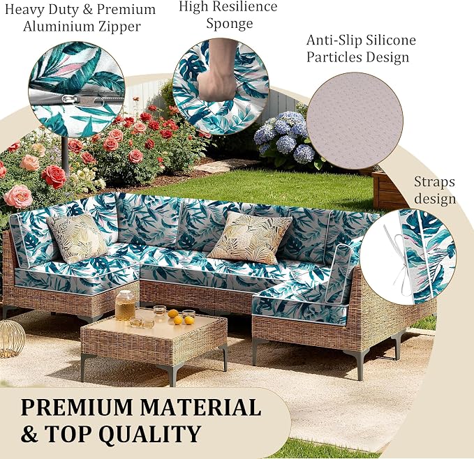 14pc Waterproof Outdoor Couch Cushions for 6 Seat Patio Hawaiian Leaves | Water-resistant, UV-resistant,14pc High-Density Foam Replacement Cushions for 6-Seat Outdoor Sectional Furniture