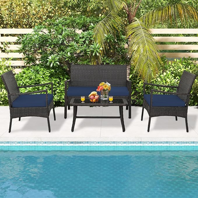 HAPPYGRILL 4-Piece Rattan Patio Conversation Set with Tempered Glass Coffee Table, Comfortable Wicker Loveseat & Chairs for Poolside, Courtyard, Balcony