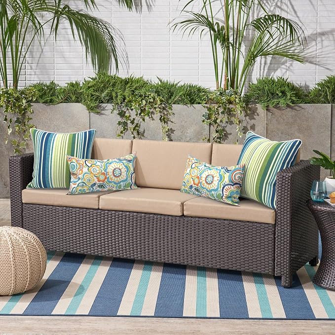 Outdoor Throw Pillow Covers Pack of 2, Decorative Water Repellent Square Pillow Cases with Piping 18x18 Inch, Stripe Blue Green