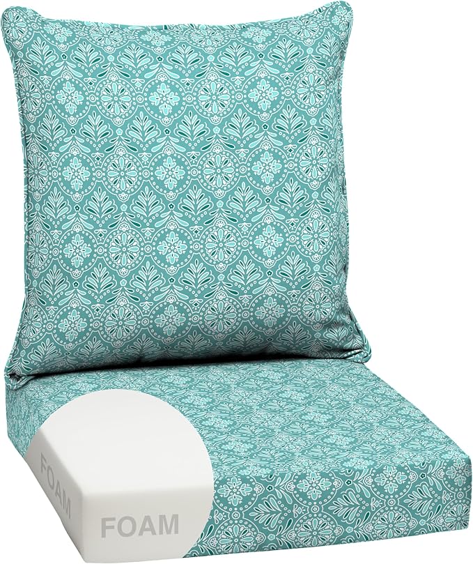 Arden Outdoor Deep Seat Cushion Set, Foam, 24x24, Turquoise Medallion | Sofa, Couch, Conversation Set, Premium High-Density Foam, Never Flattens, Mold and Mildew Resistant