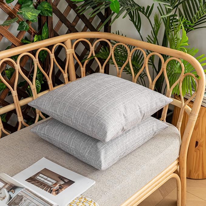 Kevin Textile Outdoor Waterproof 22”x22” Pillow Covers 2 Pack, Grey | Water Resistant, Soft Faux Linen-cotton Yarn-dyed Woven Texture Throw Pillow Covers for Tent Patio Garden Couch Sofa