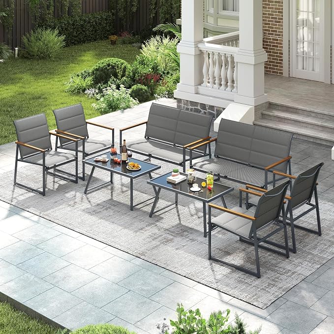 HAPPYGRILL 4-Piece Patio Furniture Set, Modern Sectional Sofa Set w/Fabric Seats, Wood-Plastic Armrests, Tempered Glass Coffee Table, Outdoor Conversation Set for Backyard Balcony Garden Porch (2)