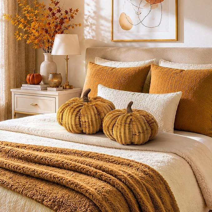AELS Pumpkin Throw Pillows Set of 2, 14" & 10" Burnt Orange Fall Pillows | for Couch Sofa Bed Living Room Home Decor, Farmhouse 3D Fall Halloween Thanksgiving Decorative Accent Pillows