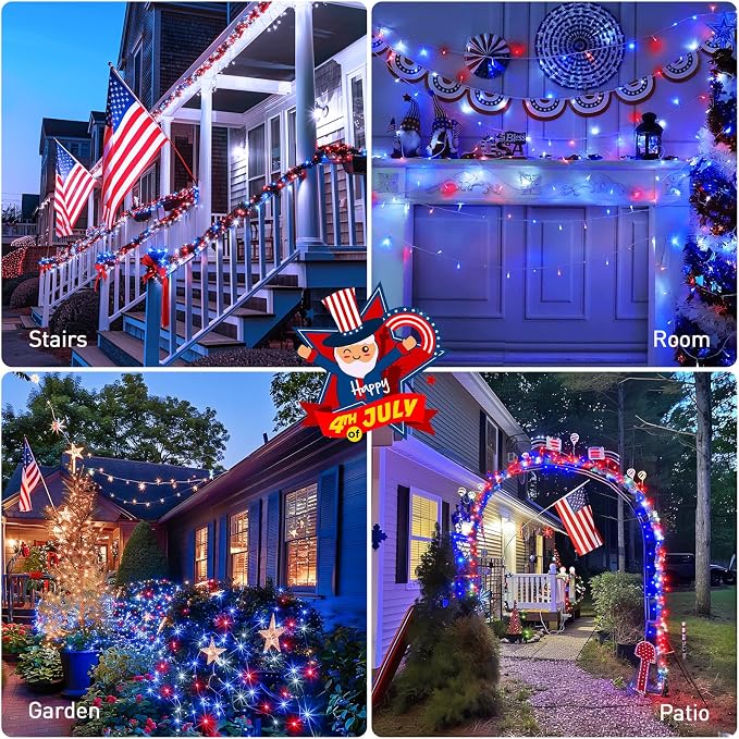 JMEXSUSS 600 LED Red White and Blue Lights Outdoor,4th of July Decor Lights | 168Ft Fourth of July Lights for Memorial Day Patriotic American Indoor Holiday Tree Party Independence Christmas Decor