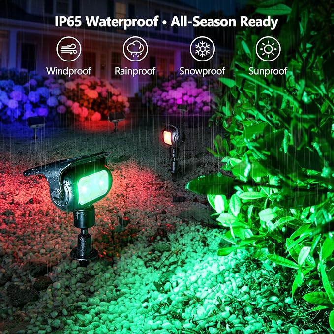 Brizled Solar Spot Light Outdoor Landscape Lighting RGB Color Spotlight | 360° Rotation Head; 9 Color & 11 Mode; IP65 Waterproof; Adjustable Height; Stake or Wall Mounted for Yard Tree Garden Pathway