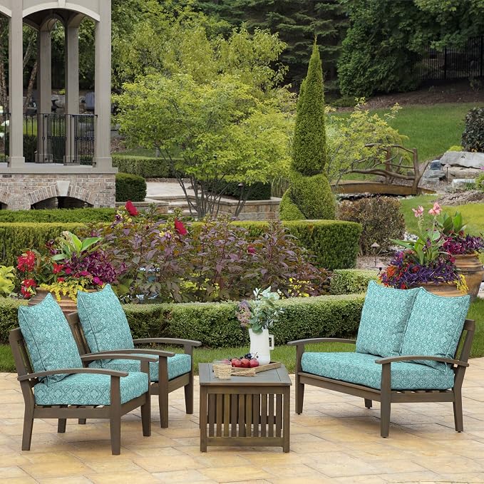 Arden Outdoor Deep Seat Cushion Set, Foam, 24x24, Turquoise Medallion | 4-Pack, Sofa, Couch, Conversation Set, Premium High-Density Foam, Never Flattens, Mold and Mildew Resistant