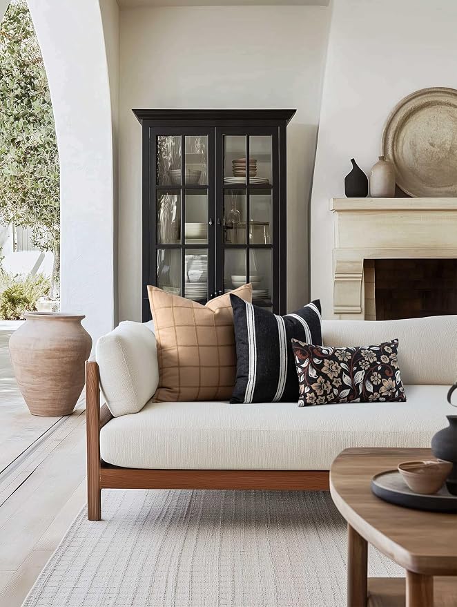 Modern Farmhouse Fall Linen Indoor Outdoor Throw Pillow Cover Only, 20"x20" Water Repellent for Patio, Backyard, Couch, Black Neutral Embroidered Stripes