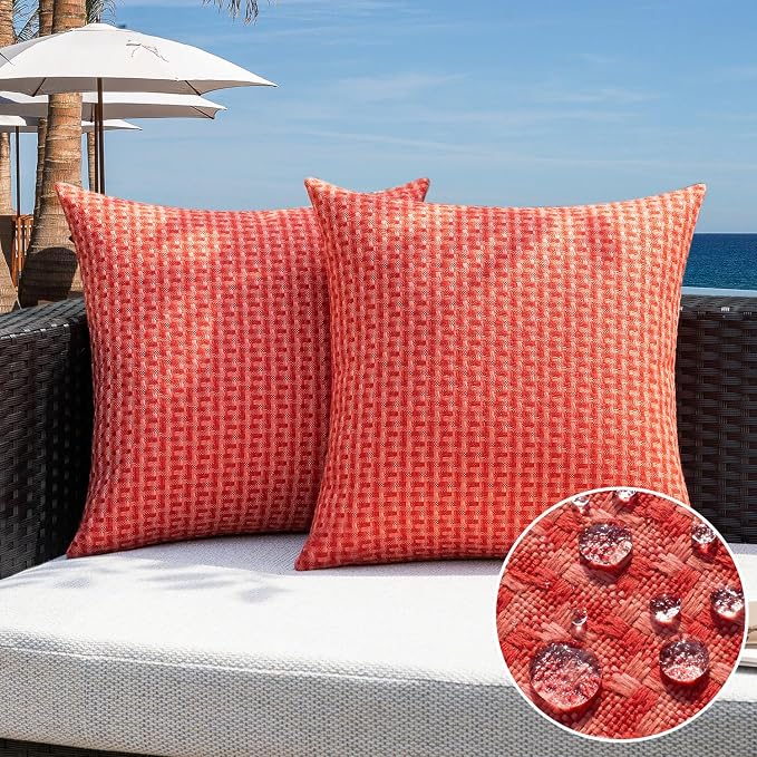Kevin Textile Outdoor Waterproof 22"x22" Pillow Covers 2 Pack, Red | Water Resistant Weaving Faux Linen Texture Throw Pillow Covers, Outside Decorative Pillowcases for Garden Patio Balcony Couch