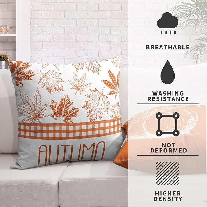 Hello Fall Pillow Covers Burnt Orange Maple Leaves Pumpkin Throw Pillow Covers 16x16 Set of 2 Autumn Pillowcase Double Sided Printing Cushion Case for Home Decor Couch Sofa