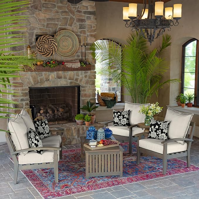 Arden Outdoor Toss Pillow, 4-Pack, 16x16, Black Jacobean | Indoor/Outdoor Décor, Set of 4, 16 x 16, Rain-Proof, Fade Resistant, Mold and Mildew Resistant
