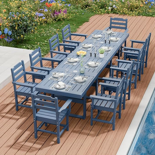 K Knowbody 12-Piece Outdoor Patio Dining Table and Chairs Set, Seats 10 | Steel-Reinforced HDPE, 100 lb/sq ft Load Capacity, 2-Inch Umbrella-Ready Tables, All-Weather, Fade-Resistant, Navy Blue