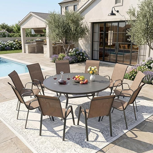 DIFY 11 Piece Outdoor Dining Set, 60" Black Round Metal Patio Table and Brown Textilene Stackable Chairs for 10, All Weather Patio Furniture Set with Umbrella Hole for Backyard Garden Deck