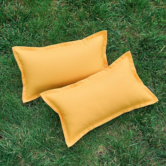 LIGICKY Yellow Outdoor Lumbar Pillows Waterproof Pillow Covers 12x20 Inch Pack of 2 Decorative Rectangle Solid Color Pillows with Wide Edge Cushion Cover for Patio Tent Garden Couch Balcony