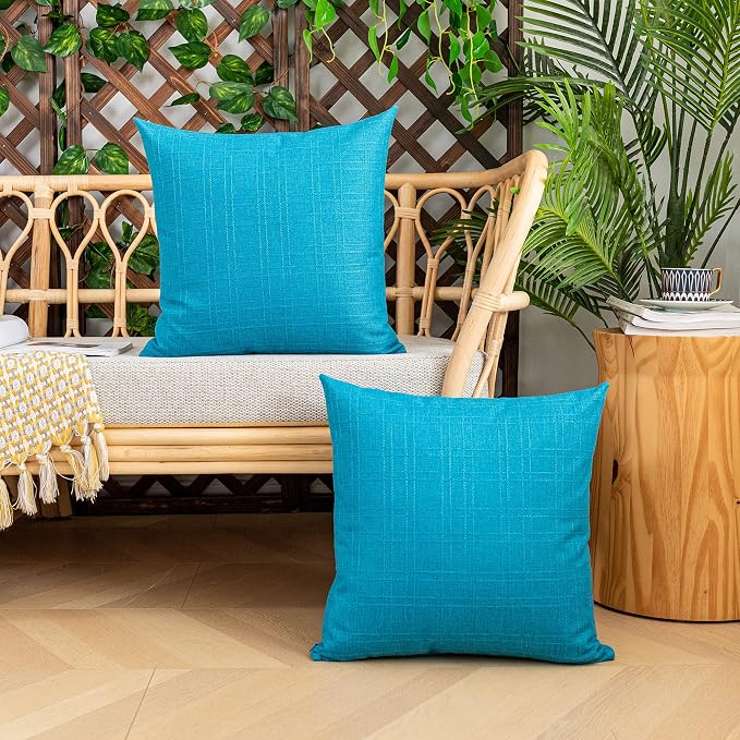 Kevin Textile Outdoor Waterproof 26”x26” Pillow Covers 2 Pack, Peacock Blue | Water Resistant, Soft Faux Linen-cotton Yarn-dyed Woven Texture Throw Pillow Covers for Tent Patio Garden Couch Sofa