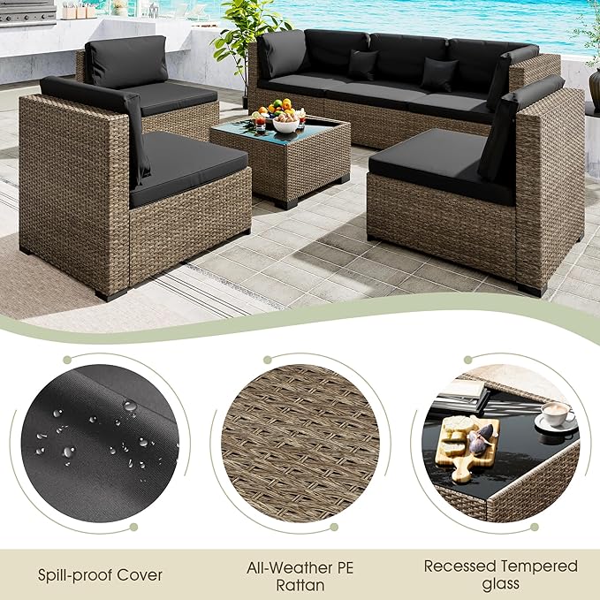 LHBcraft 7 Pieces Outdoor Furniture Set, Wicker Furniture Patio Conversation Sets with Tea Table and Thickened Black Cushions, Outdoor Patio Sectional Sofa for Garden, Poolside, Backyard