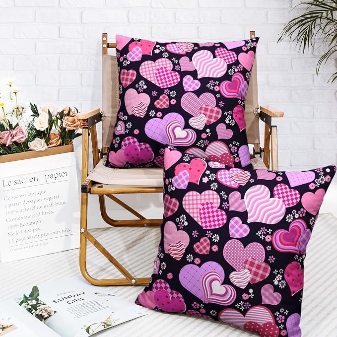 Valentines Pillow Covers 20x20 Pack of 2 Pink Purple Hearts Flowers Throw Pillow Covers Valentines Day Pink and Black Cushion Case Cotton Linen Pillowcase for Couch Sofa Patio