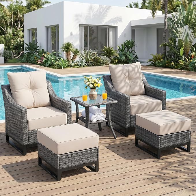 5 Pieces Patio Furniture Set, PE Rattan Patio Set with Soft Cushions & Side Table,All Weather Outside Furniture with Ottoman for Porch, Garden, Backyard