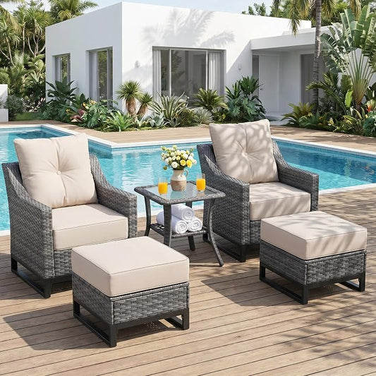 5 Pieces Patio Furniture Set, PE Rattan Patio Set with Soft Cushions & Side Table,All Weather Outside Furniture with Ottoman for Porch, Garden, Backyard