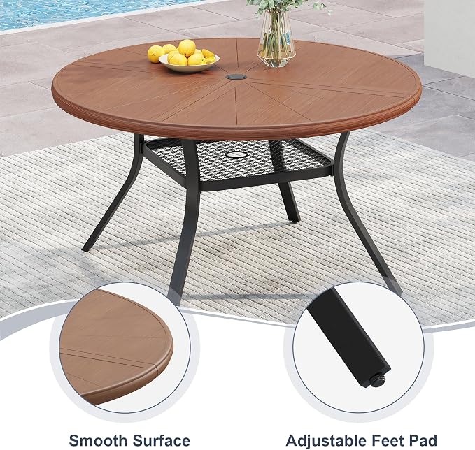 VICLLAX Round Patio Dining Table, 4 Person Aluminum Outdoor Dining Table with Umbrella Hole and Storage Shelf for Garden Lawn Deck, 40.6" Walnut
