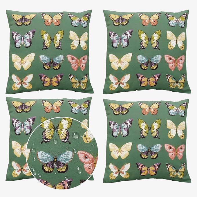 Volans 18" x 18" Outdoor Throw Pillows with Inserts Pack of 4, Water Repellent Decorative Pillows for Backyard, Bed, Couch, Sofa, and Patio Furniture, Butterfly