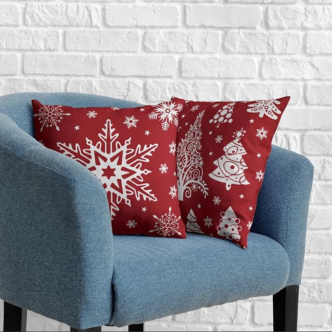 Red Christmas Pillow Covers 16x16 Winter Xmas Tree with Snowflakes Throw Pillow Covers Holiday Cushion Case for Christmas Decorations Living Room Outdoor Set of 2