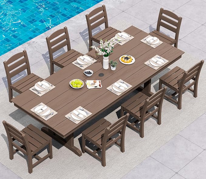 SERWALL 9 Piece Outdoor Dining Set, 84" HDPE Outdoor Table and Armless Chairs Set for 8，All Weather Patio Furniture Set with Umbrella Hole for Backyard, Garden, Brown