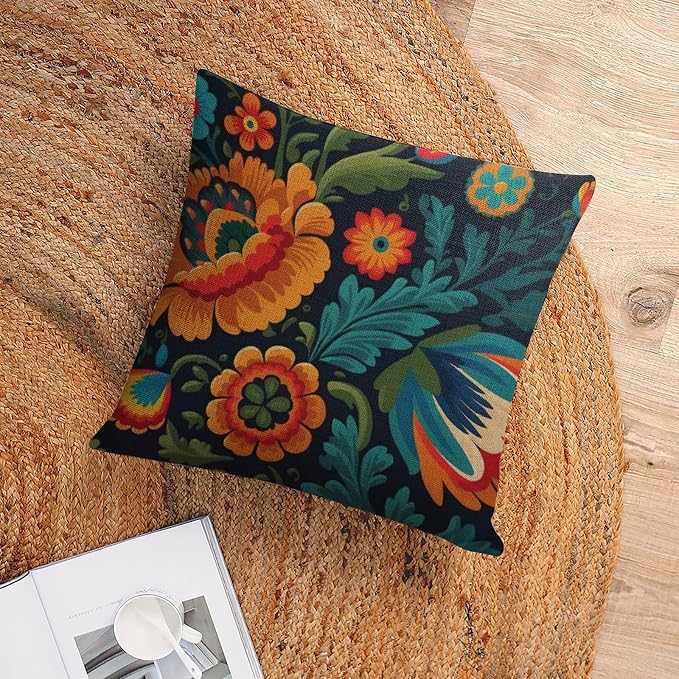 Cushion Covers Mexican Flowers Decorative Square Pillowcase Cushion Case Modern Floral Blossom Decorative Pillows for Couch 18"x18" Decorative Outdoor Linen Fabric Pillow Case for Couch Bed Car