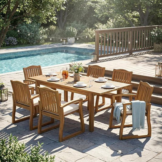 Christopher Knight Home Unta Acacia Wood Outdoor Dining Set for 6, Slatted Design Patio Dining Table Set for 6, Extendable Dining Table for Outdoor Gathering, Dining Chairs with Cushions, Teak
