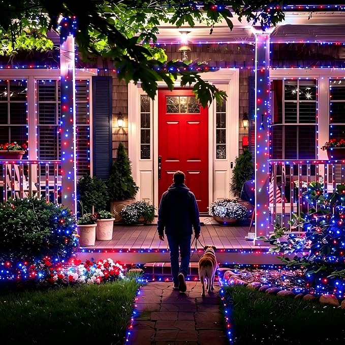Joomer Red White Blue Solar String Lights,39FT 60LED 4th of July Decor | with 8 Lighting Modes Waterproof, Solar Powered Fairy Lights for Independence Day Yard Gazebo BBQ Patriotic Party Decorations