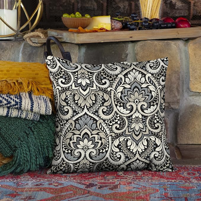 Arden Outdoor Toss Pillow, 4-Pack, 16x16, Black Damask | Indoor/Outdoor Décor, Set of 4, 16 x 16, Rain-Proof, Fade Resistant, Mold and Mildew Resistant