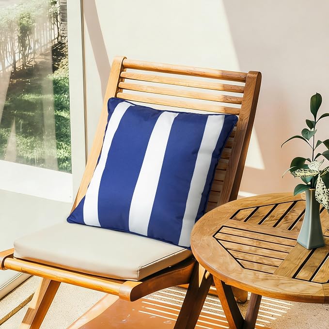 Outdoor Pillow Covers 18x18 Inch, Water-Resistant Decorative Pillow Covers Pack of 2, Throw Pillow Case for Patio Furniture Tent Garden, Navy Blue White Stripe with Blue Edge, Cover ONLY