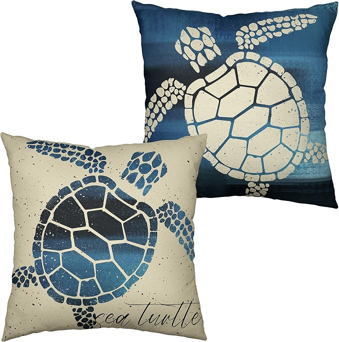 Coastal Beach Style Pillow Covers 24x24 Set of 2 Nautical Sea Turtle Throw Pillow Covers Ocean Linen Outdoor Pillow Case for Patio Living Room Car Blue