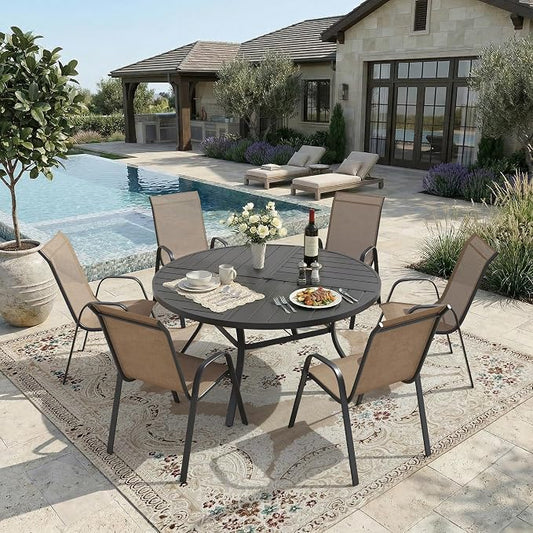 DIFY 7 Piece Outdoor Dining Set, 50" Black Round Metal Dining Table and Brown Textilene Stackable Patio Chairs, Patio Table and Chairs Set for 6 with Umbrella Hole for Backyard Garden Deck