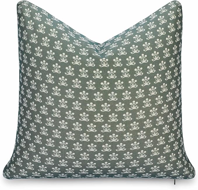Crumbs Home Modern Farmhouse California Casual Indoor Outdoor Throw Pillow Cover, 22"x22" Water Repellent for Patio, Backyard, Couch, Poolside, Olive Green Block Print Floral