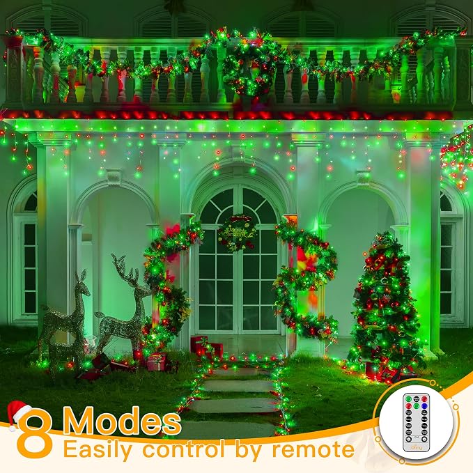 Ollny Icicle Lights for Outside 400LED 32FT, Red and Green Christmas Light with Remote 8Modes Timers Waterproof, Plug in Connectable Hanging Lights for Outdoor Indoor House Roof Holiday