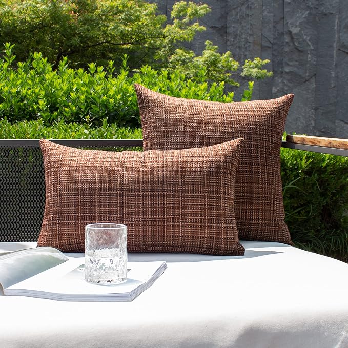 Kevin Textile Outdoor Waterproof 12"x24" Lumbar Pillow Covers 2 Pack Coffee | Water Resistant, Faux Linen Yarn-dyed, Woven Texture Throw Pillow Covers for Tent Patio Garden Couch Sofa