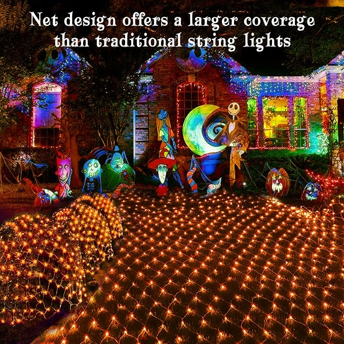 BlcTec Halloween Net Lights 360 LED 9.8ft x 6.6 Orange Halloween Lights with 8 Modes, Timer, Connectable, Waterproof & Dark Green Wire Design for Lawn, Porch, Shrub, Bushes Outdoor Holiday Decorations