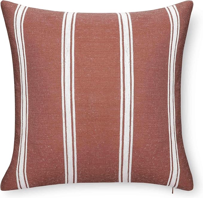 Modern Farmhouse California Casual Indoor Outdoor Throw Pillow Cover, 20"x20" Water Repellent for Patio, Backyard, Couch, Poolside, Rust Orange White Embroidered Stripes