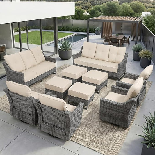 10 Piece Patio Furniture Set, Grey Wicker Outdoor Conversation Set with 4 Swivel Rocker Chairs, 4 Ottomans and 2 Sofas, 6-Inch Thick Cushions, Beige Covers for Porch, Deck, Patio