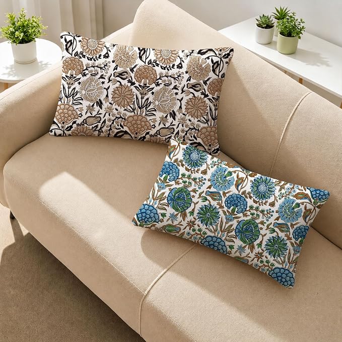 Allorry Outdoor Waterproof Pillow Covers 12x20 Brown Floral Outdoor Decor | Set of 2 Vintage Floral Block Print Pillow Cover,Farmhouse Boho Decorative for Spring Summer Outdoor Sofa Bedroom Decor