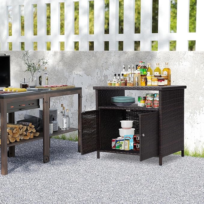 Wicker Outdoor Bar Table with Aluminum Tabletop - Outdoor Storage Cabinet Weather-Proof Rattan Bar Counter Table with Two Doors for Outdoor Cushions, Pool Toys and Garden Tools