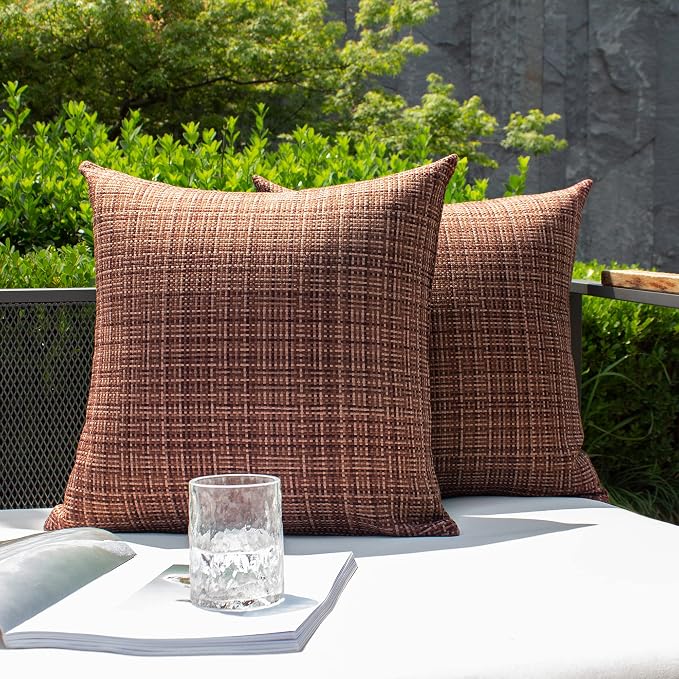 Kevin Textile Outdoor Waterproof 26x26 Inch Pillow Covers 2 Pack, Coffee | Water Resistant, Faux Linen Yarn-dyed, Woven Texture Euro Throw Pillow Covers for Tent Patio Garden Couch Sofa
