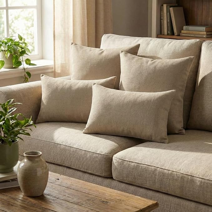RSH DECOR: Sunbrella Lumbar & Square Pillows Set of 4 | 20" x 12" & 17" x 17" | Water and Fade-Resistant Performance Fabric | Outdoor Throw Pillows | Made in USA (Vesper Alpaca Stone)