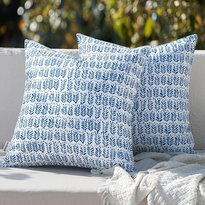 MIULEE Outdoor Lumbar Pillows with Inserts Set of 2 12x20 Inch Royal Blue | Patio Waterproof Fade Resistant Fluffy Throw Pillows Decorative Garden Natural Accent Leaves Cushion for Home Sofa Decor