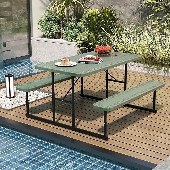 Giantex Picnic Table Bench Set for 4 People, 4.5FT Outdoor Rectangular Dining Table & 2 Benches w/Umbrella Hole, HDPE Tabletop, Metal Frame, Patio Garden Backyard Poolside, Green