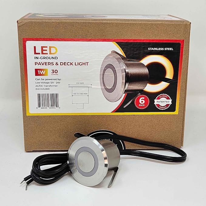 LUMENGY LED In-Ground Paver and Deck Light with Patented Ring Light Effect, 1W, 12V Low Voltage, IP67 Waterproof, for Decks, Driveways, Patios, Steps and Paver Surfaces, Stainless Steel Finish, 6-Pack